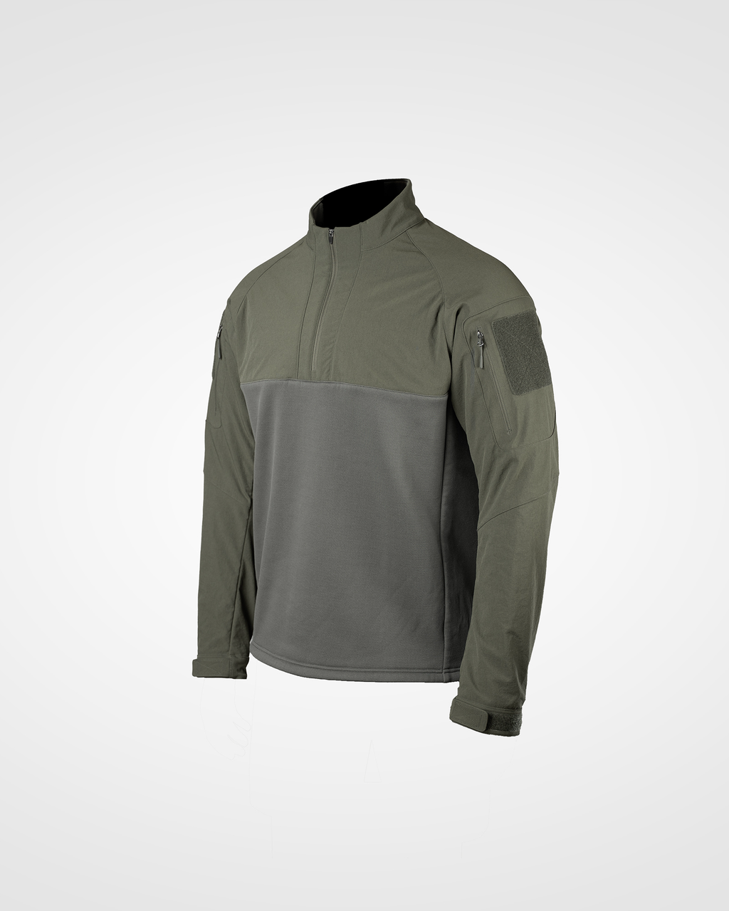 Ranger Green Tomahawk Performance cold weather combat shirt with velcro patch on a white background in isometric view.