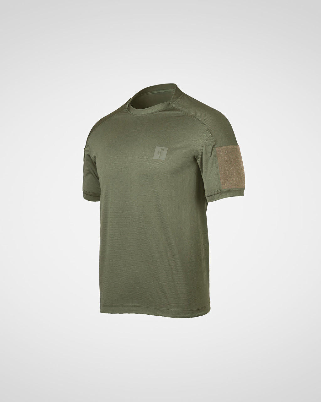 An olive green short-sleeve tactical t-shirt with a tan mesh patch on the right sleeve and a small square logo patch on the left chest, shown on a light gray background.