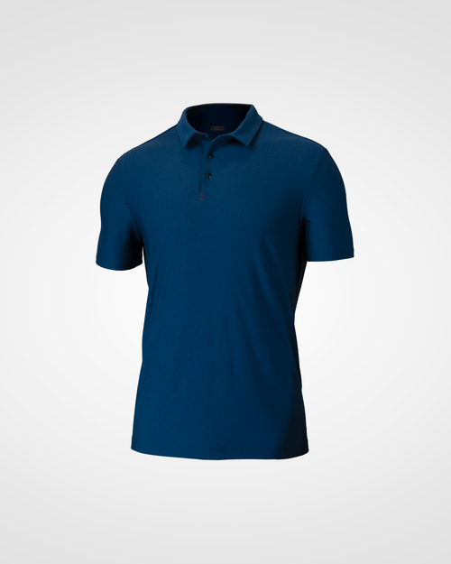 Blue polo shirt on a light gray background