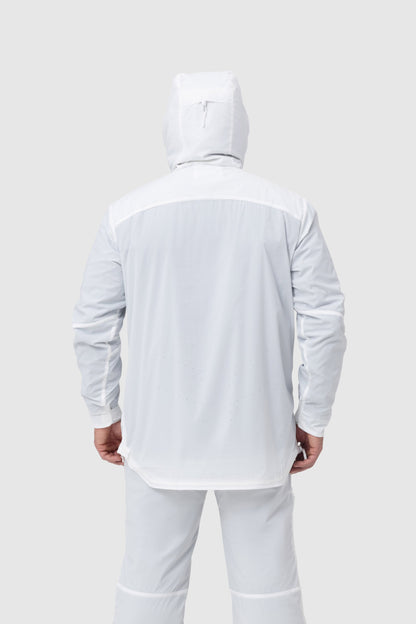 Back photo of the Tomahawk Performance Overlayer Anorak, tactical alpine overwhites, in the Overwhite color way, with the hood up.