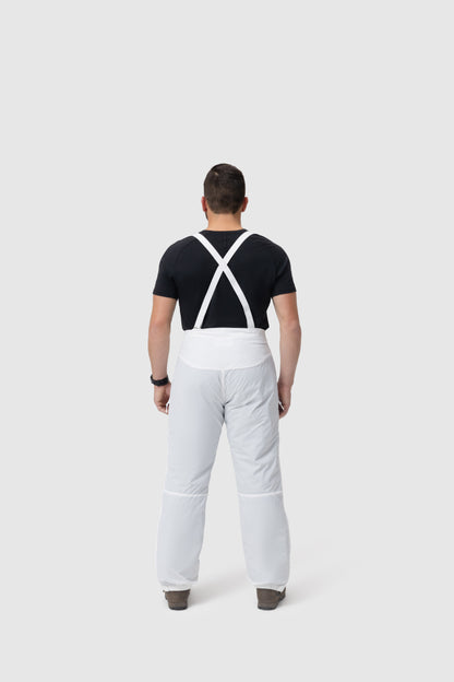 Back photo of the Tomahawk Performance Overlayer Pants, tactical alpine overwhites, in the Overwhite color way, showing suspenders.
