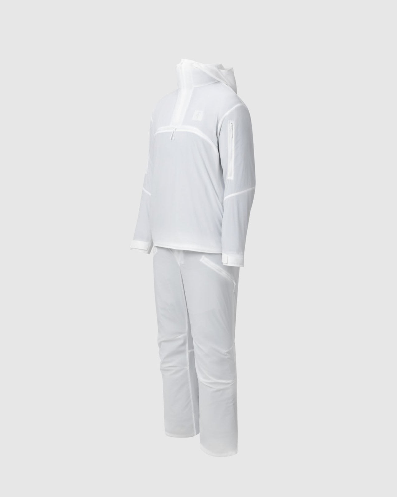 On form photo of the Tomahawk Performance Overlayer Anorak and Overlayer Pants set, a tactical arctic concealment solution, in Overwhite.