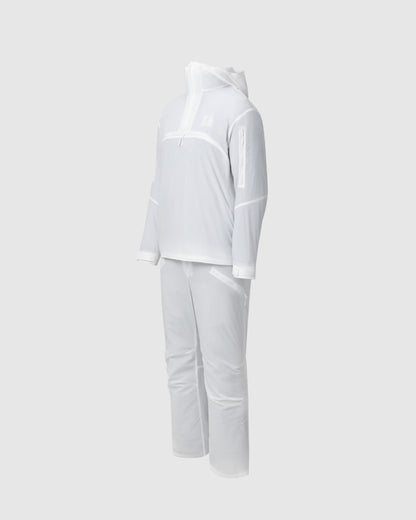 On form photo of the Tomahawk Performance Overlayer Anorak and Overlayer Pants set, a tactical arctic concealment solution, in Overwhite.