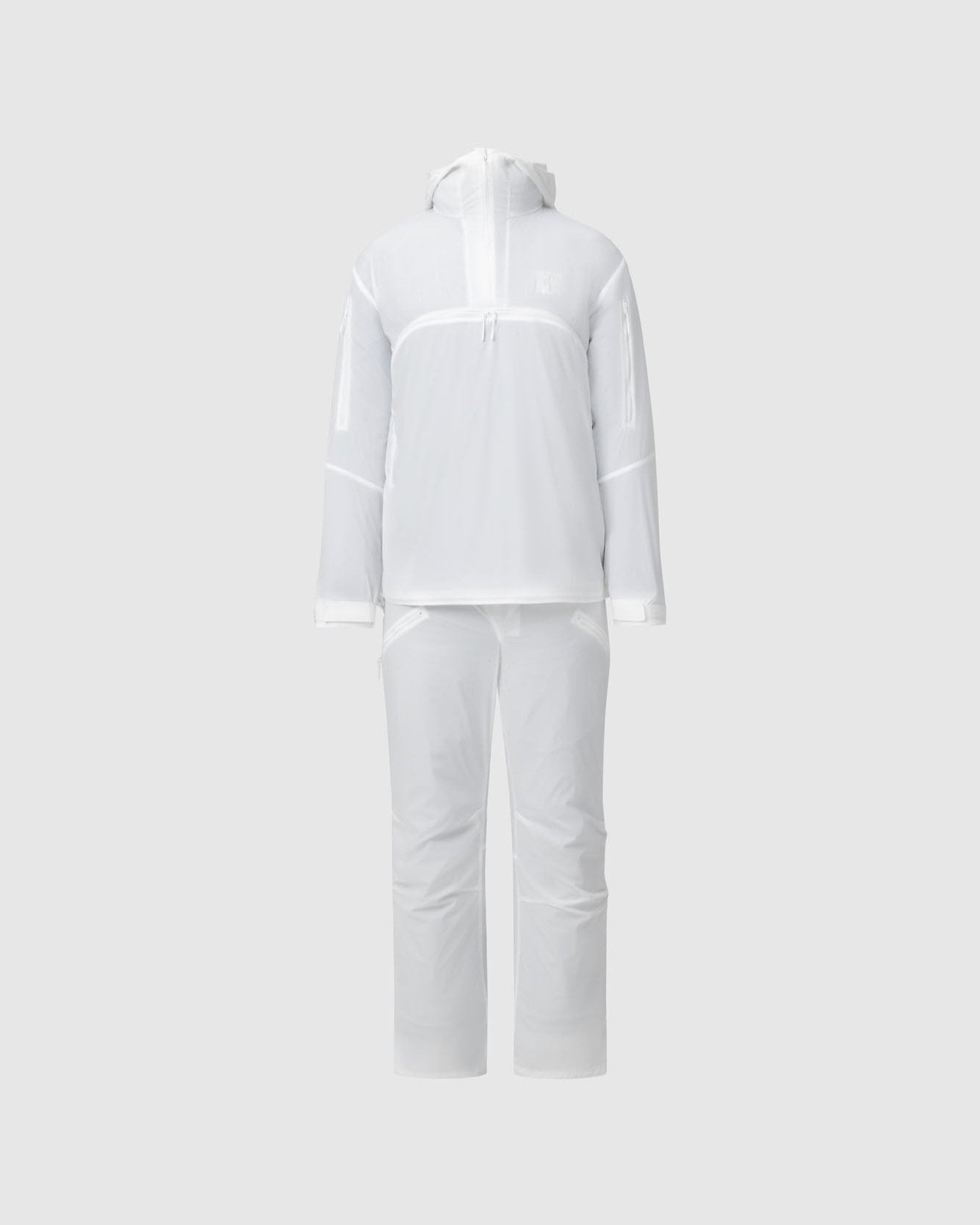 On form frontal photo of the Tomahawk Performance Overlayer Anorak and Overlayer Pants set, a tactical arctic concealment solution, in Overwhite.