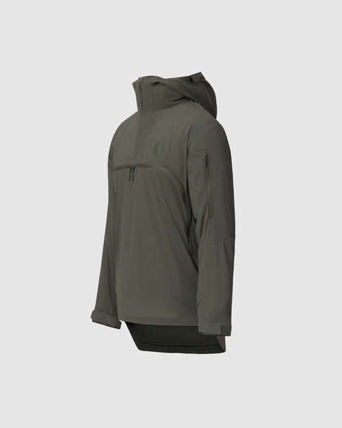 On form photo of the Tomahawk Performance Overlayer Anorak, a lightweight tactical weather protective windbreaker layer, in Ranger Green.
