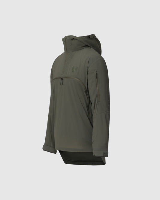 On form photo of the Tomahawk Performance Overlayer Anorak, a lightweight tactical weather protective layer, in Ranger Green.