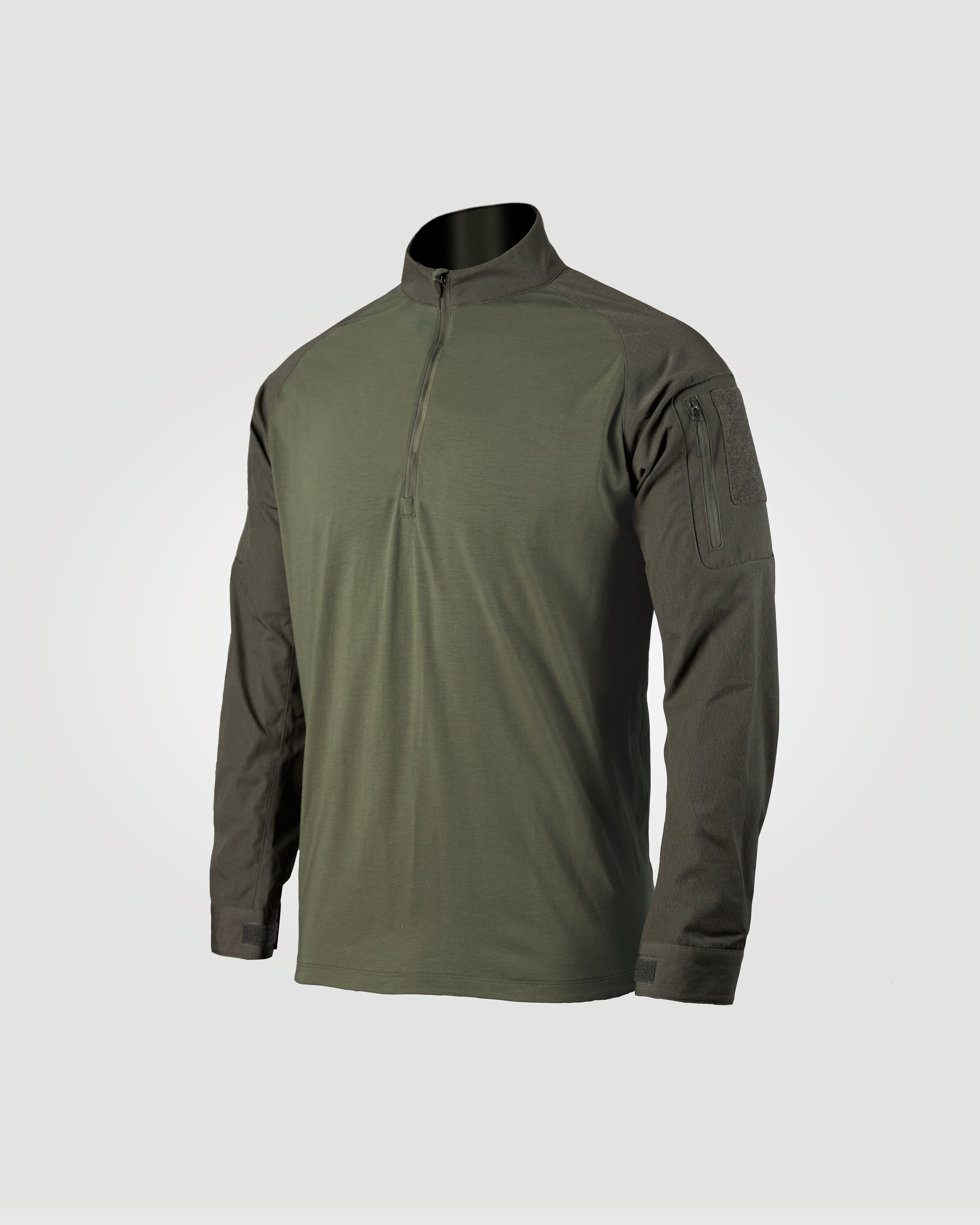 Frontal studio photo of the Tomahawk Performance HW / Combat Shirt in Ranger Green, a full featured hot weather combat shirt.